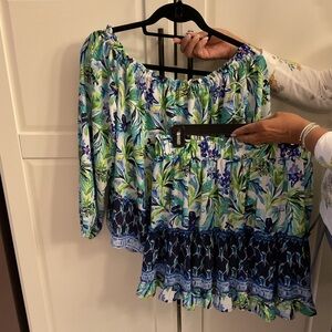 Lilly Pulitzer Floral Off-Shoulder Top and Bottom- Blue and Green